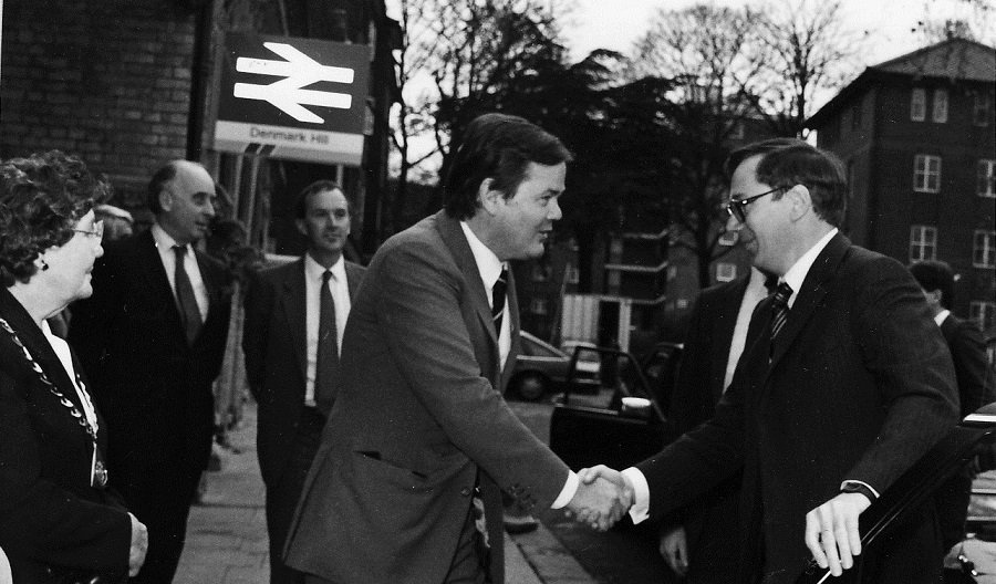 Jeremy Bennett (left) shaking the hand of the Duke of Gloucester (right) at the opening of the Phoenix & Firkin in 1984.