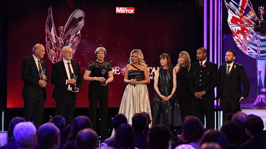 Right to left: Outstanding Bravery Award winners Pc Charlie Guenigault and Pc Wayne Marques, with Michelle Palmer and Angela Clarke,  sisters of the late PC Keith Palmer. They received their awards from presenter Carol Vorderman, Theresa May, Jeremy Corbyn and Vince Cable. Photo credit: Daily Mirror Pride of Britain Awards