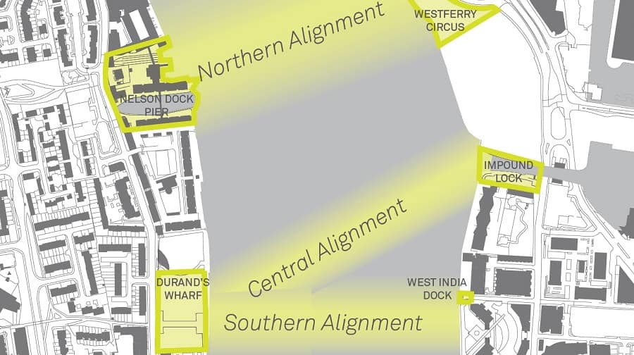 Proposed bridge locations for Rotherhithe to Canary Wharf crossing