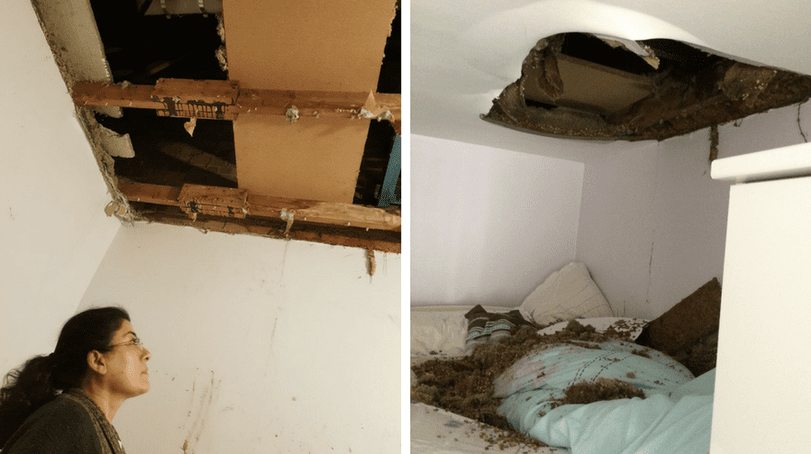 The damaged ceiling above the bunk beds in Aynur Sahin's daughters' room