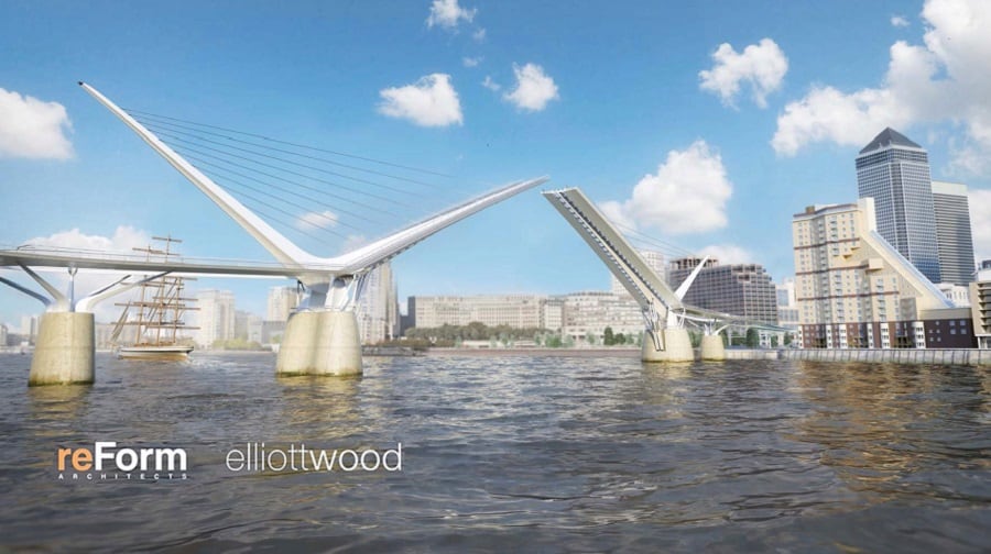 Image showing how the reForm Architects and Elliott Wood bascule bridge design would look while open