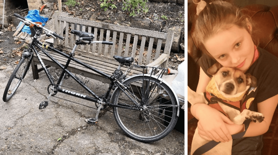 Katy Thompson's stolen tandem (left) which was returned by police and her daughter Adaray (right)