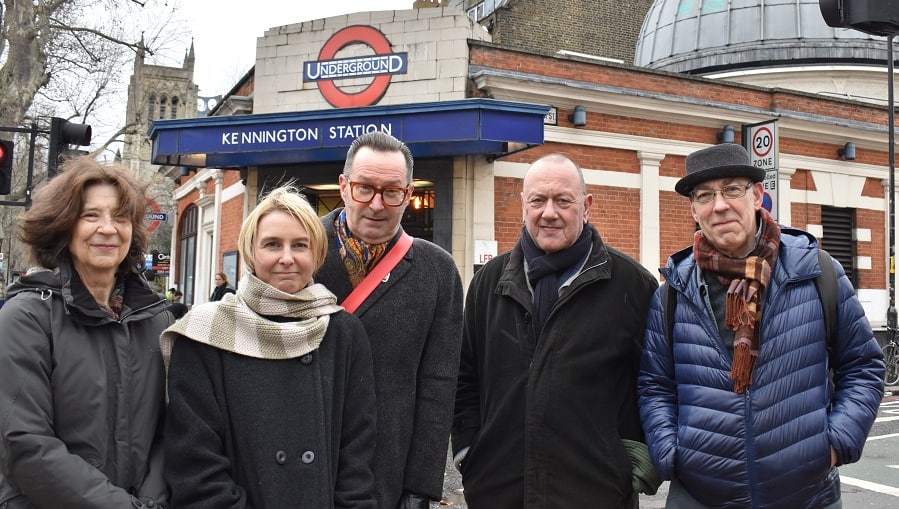 Campaigners Lynda Haddock, Michelle Stokes, Sean Maher, John Bayley 
 and Bob Lentell outside Kennington station.
