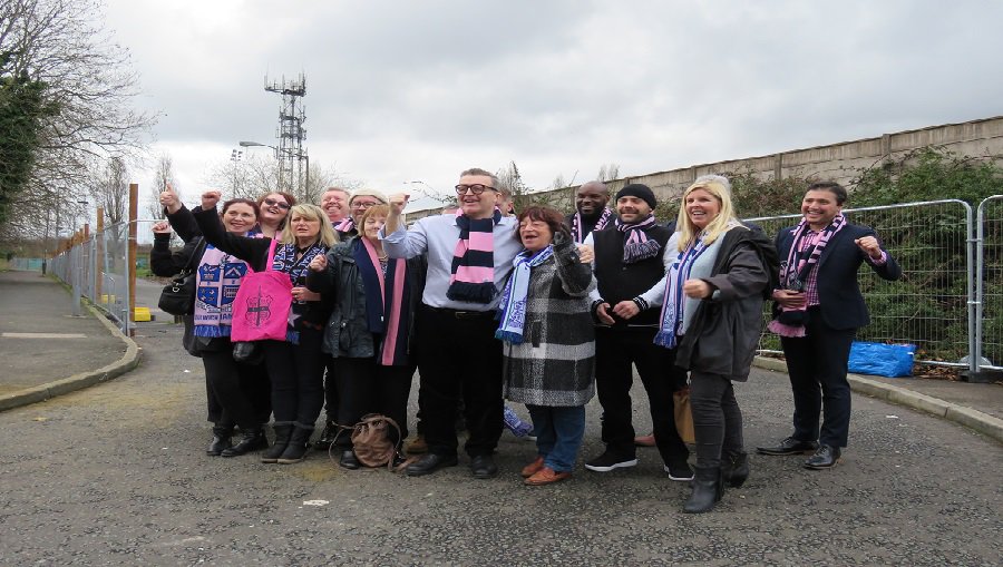 Tom Watson meets Dulwich Hamlet supporters outside the club stadium on Champion Hill