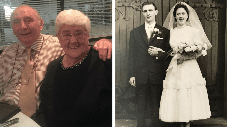 Bill and Pat Hickson pictured on their wedding day 60 years ago (right), and today