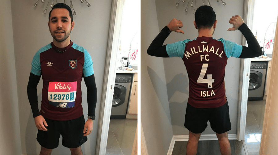 Millwall fan Jamie Pearce ran the Big Half in a West Ham shirt to raise money for Hammers fan Isla Caton, who has cancer