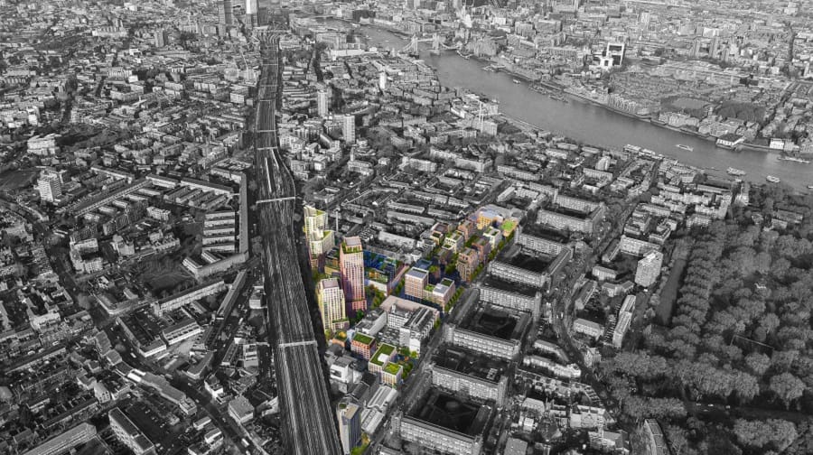 An old aerial view image of Bermondsey with the former Peek Frean factory (section in colour)