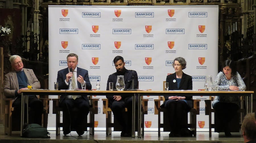 (L-R) Toby Eckersley (Conservative), Peter John (Labour), Amir Eden (chair Bankside Residents' Forum), Eleanor Margolies (Green) and Anood Al-Samerai (Lib Dem) at the leader local election hustings at Southwark Cathedral