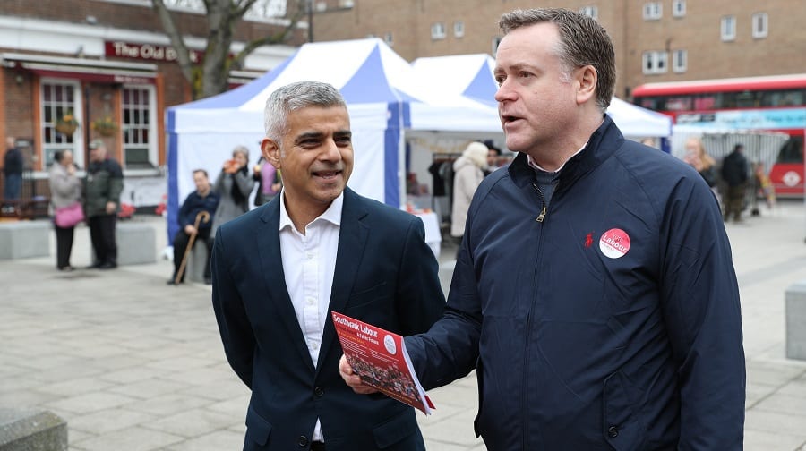 Mayor of London Sadiq Khan with Southwark Labour group leader Peter John (right) at the Blue market square in Bermondsey