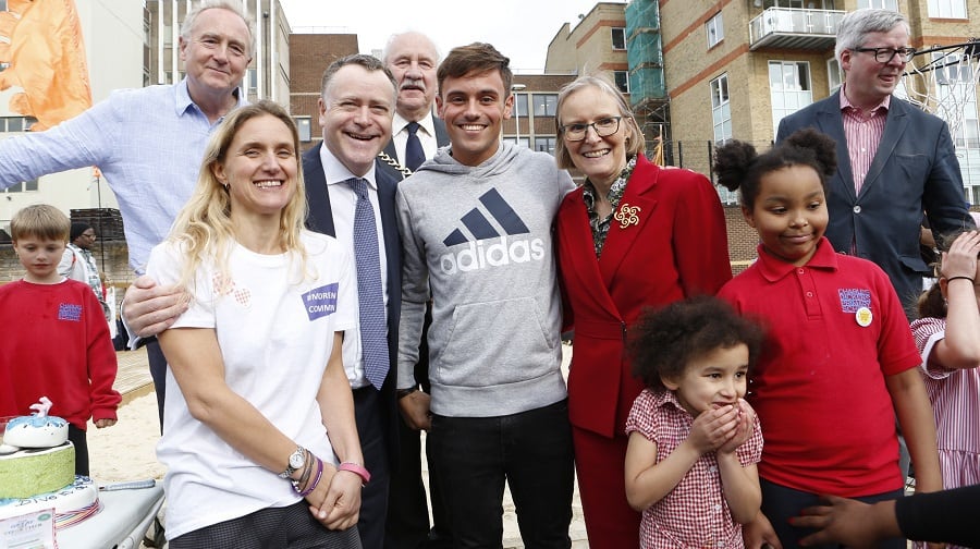 (Left to right) BOST chairman Tim Wood; Kim Leadbeater, sister of the late Jo Cox MP; Southwark Council leader Cllr Peter John; Cllr Charlie Smith, Mayor of Southwark; Tom Daley; and Sarah Ridley, chief grants officer, London Marathon Charitable Trust (Agnese Sanvito)