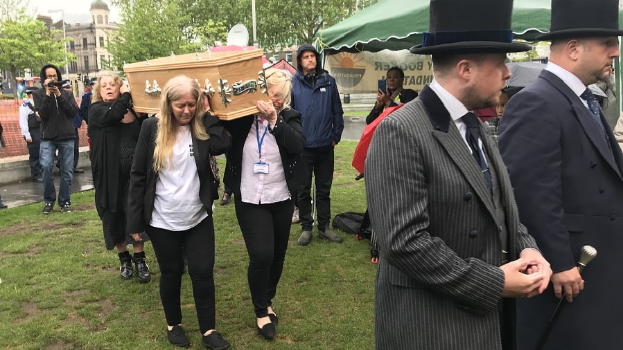 Mothers Against Guns UK founder Lucy Cope leads a mock funeral procession highlighted the devastating consequences of knife crime