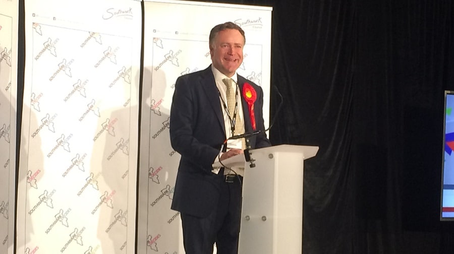 Southwark Labour leader Peter John during his victory speech after Labour retains control of the council