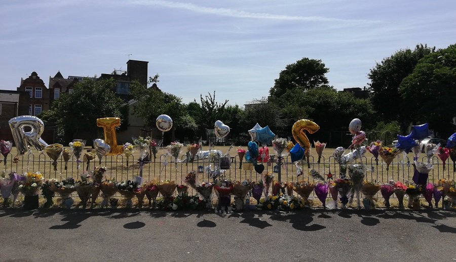 Floral tributes to Joshua Boadu in Lucey Way, Bermondsey, near where he was stabbed