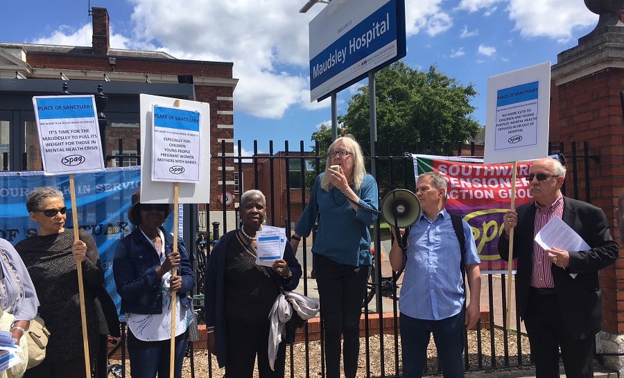 Southwark Pensioners' Action Group (SPAG) organised a demonstration outside Maudsley Hospital, in Camberwell, to call for a 24-hour 'place of sanctuary' for mental health patients to be opened