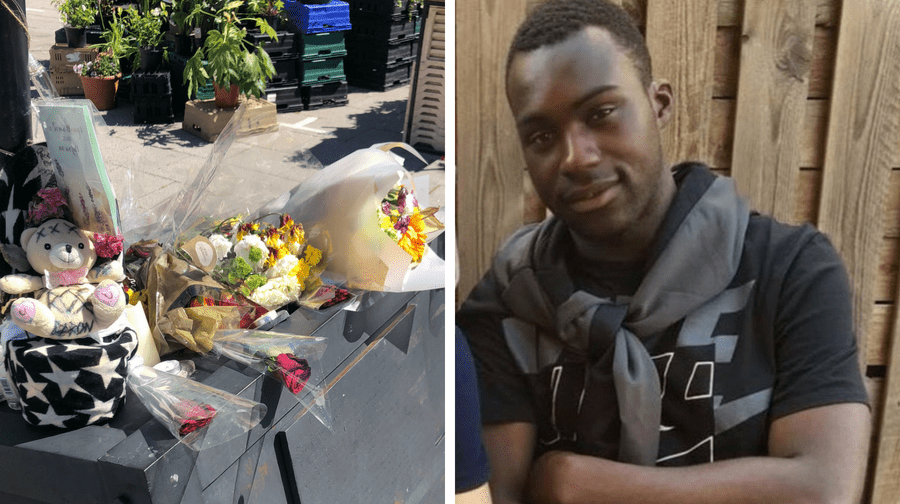 (Right) Joshua Boadu, 23, has passed away eleven days after being stabbed in Bermondsey.  (Left) Tributes left in memory of Joshua in Bermondsey Blue Market square.