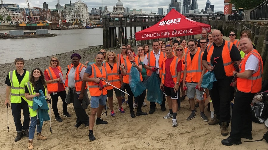 More than 30 firefighters, officers and staff members from London Fire Brigade helped collect plastic from the River Thames during a beach clean event