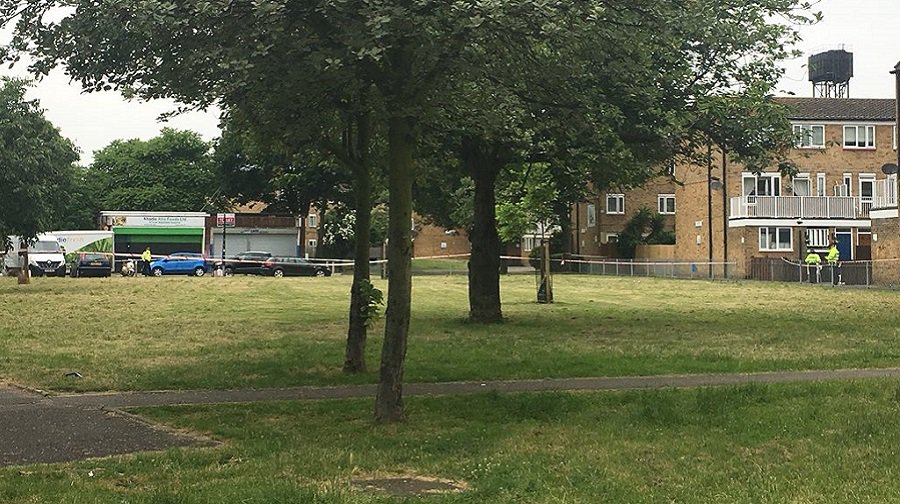 Part of the police cordon after a man in his 20s was stabbed at Lucey Way in Bermondsey