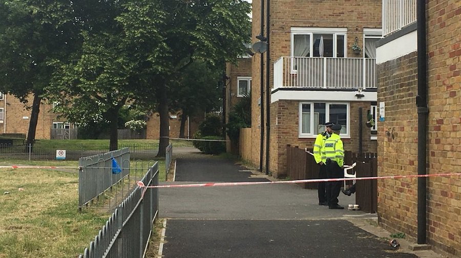 A police cordon at Lucey Way in Bermondsey after a man in his 20s was stabbed in broad daylight