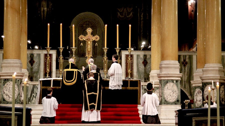 Photo: Clare Bowskill
Traditional requiem mass, showing priest with black vestments