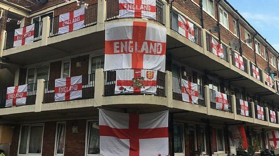 The Kirby Estate in Bermondsey has been covered in scores of England flags for the opening of the 2018 World Cup (Ralph Dowse)