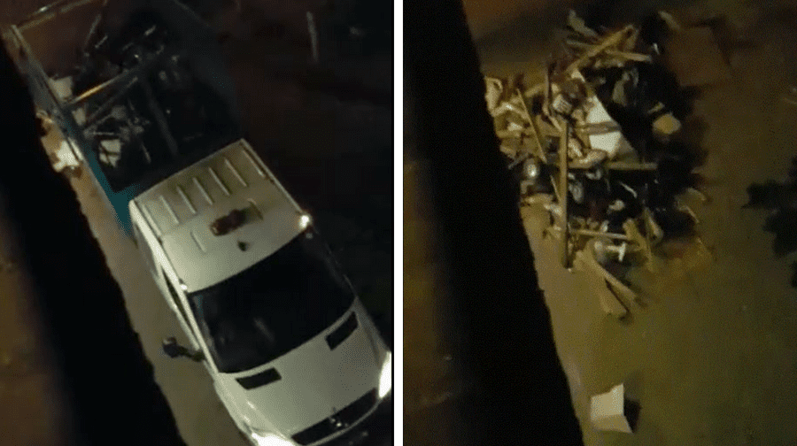 Video footage shows a council refuse truck dumping piles of rubbish on an estate in Peckham in the middle of the night