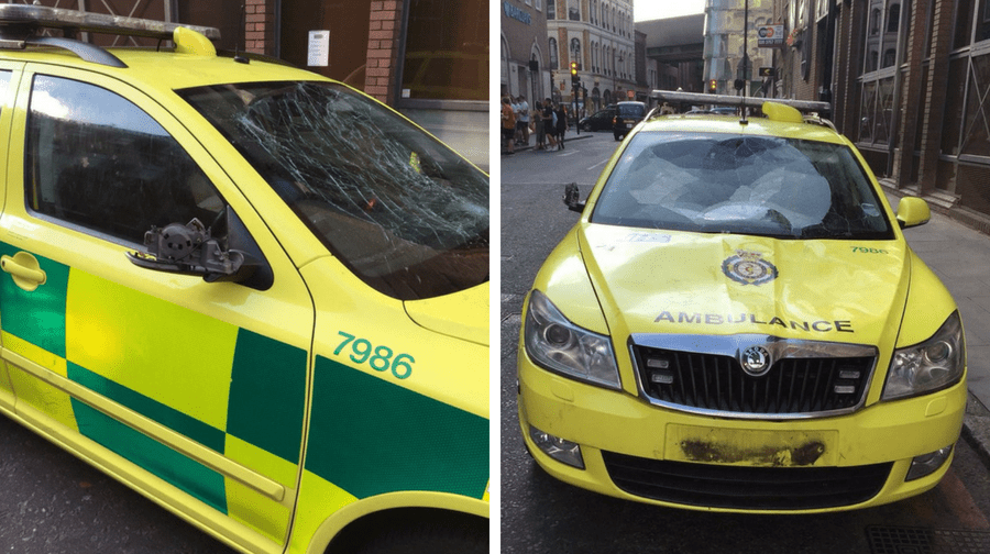 A London Ambulance Service car was damaged during World Cup celebrations in Borough High Street (London Ambulance Service)