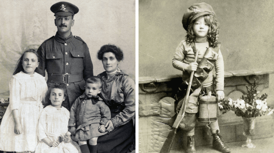 Images of the Fey family (left) and a child dressed up in her father's uniform have been unearthed by The Army Child Archive