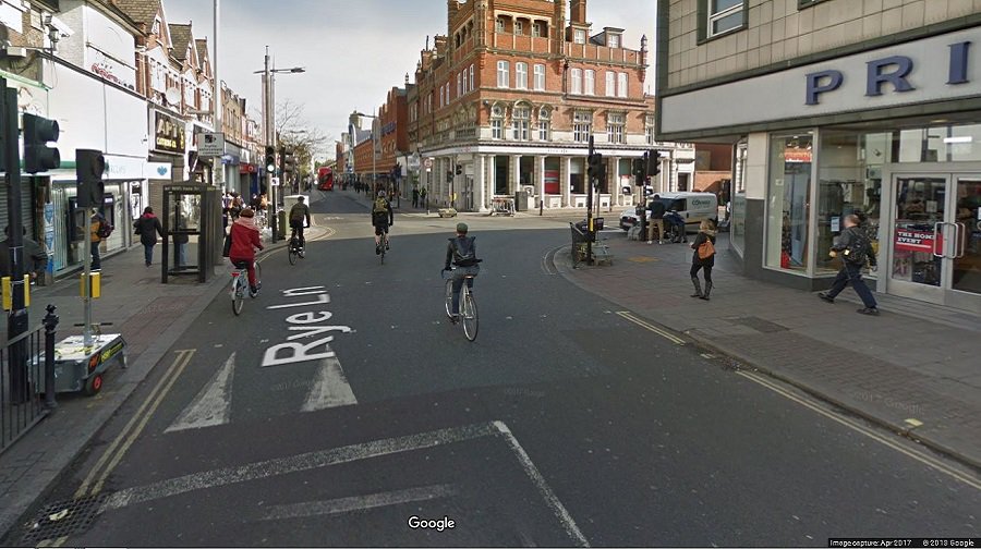Generic image of the junction of Rye Lane and Hanover Park (Google street view)