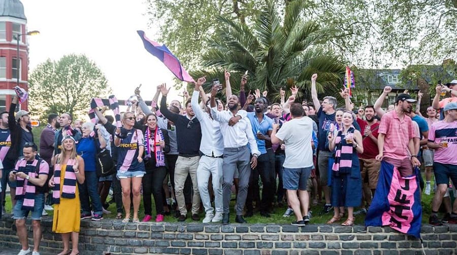 Dulwich Hamlet players and supporters celebrating last year's promotion. Image: Duncan Palmer Photography.