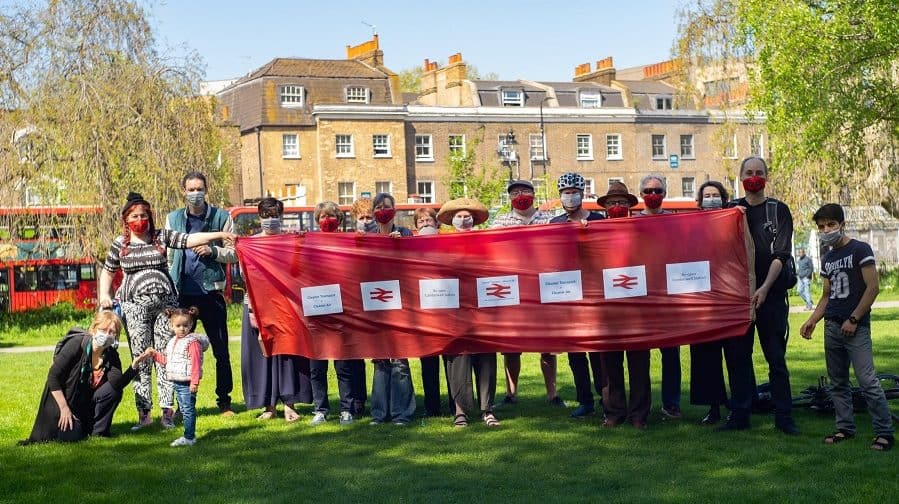 Campaigners protest for the rail station on Camberwell Green in May