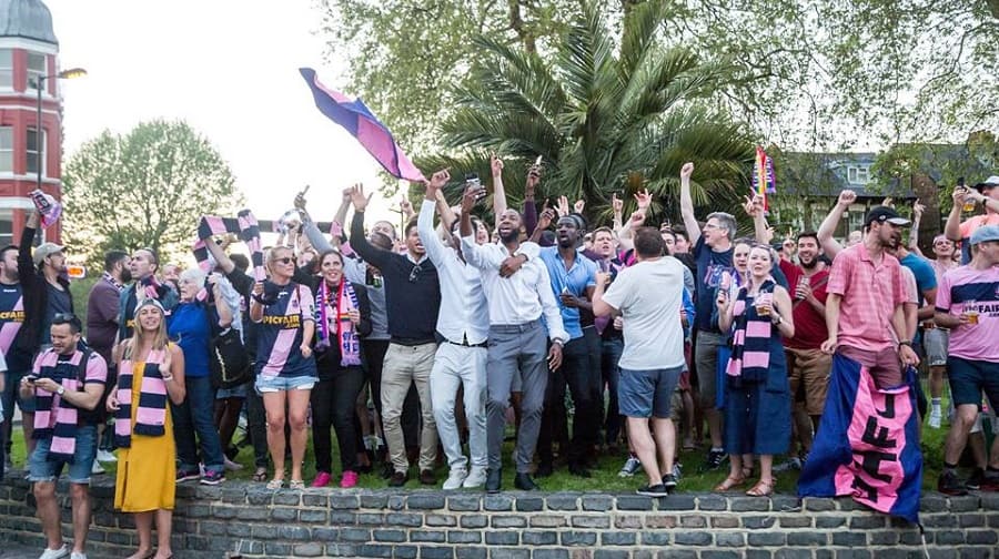 Dulwich Hamlet players and fans celebrate promotion in May 2018. Image: Duncan Palmer Photography
