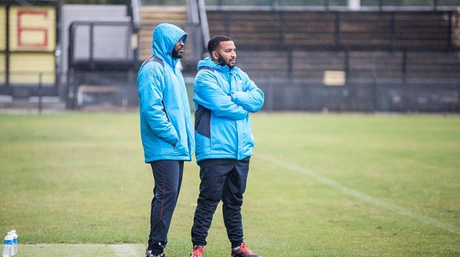 Dulwich Hamlet boss Gavin Rose, left, with his assistant Junior Kadi. Image: Duncan Palmer Photography.
