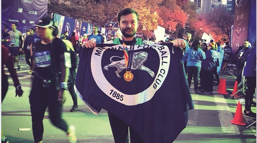 Lions fan Dave Elson after completing the New York City Marathon.