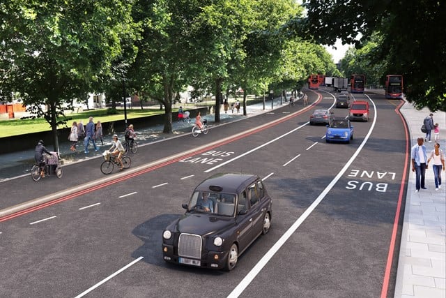Artist's impression of Jamaica Road after CS4 route is installed (Image: TfL)