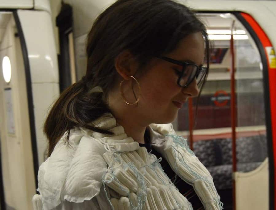 Artist Georgina Hodges, in a jacket made out of tampons