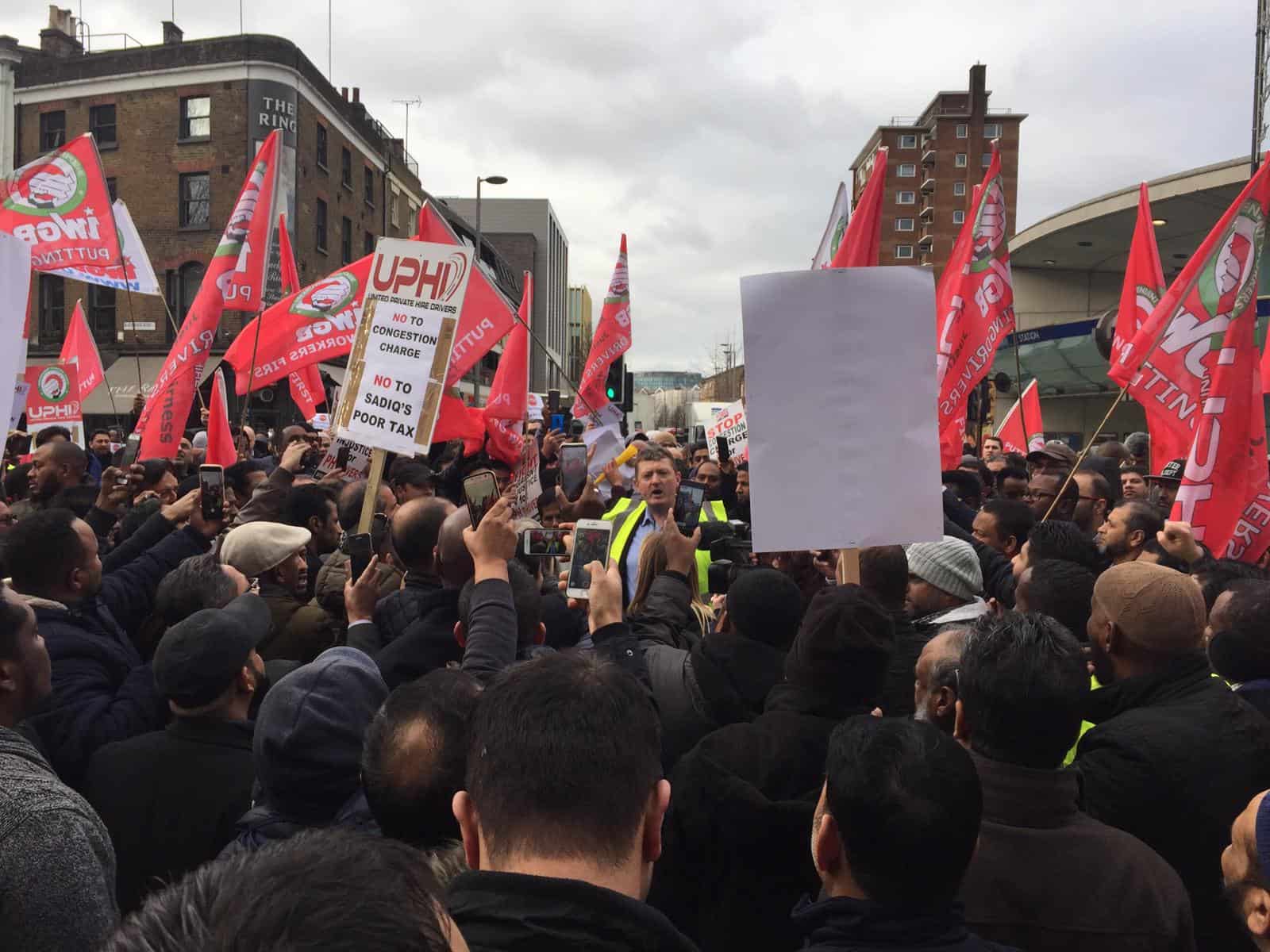 The scene from last Monday's protest which the private-hire drivers have vowed to continue today