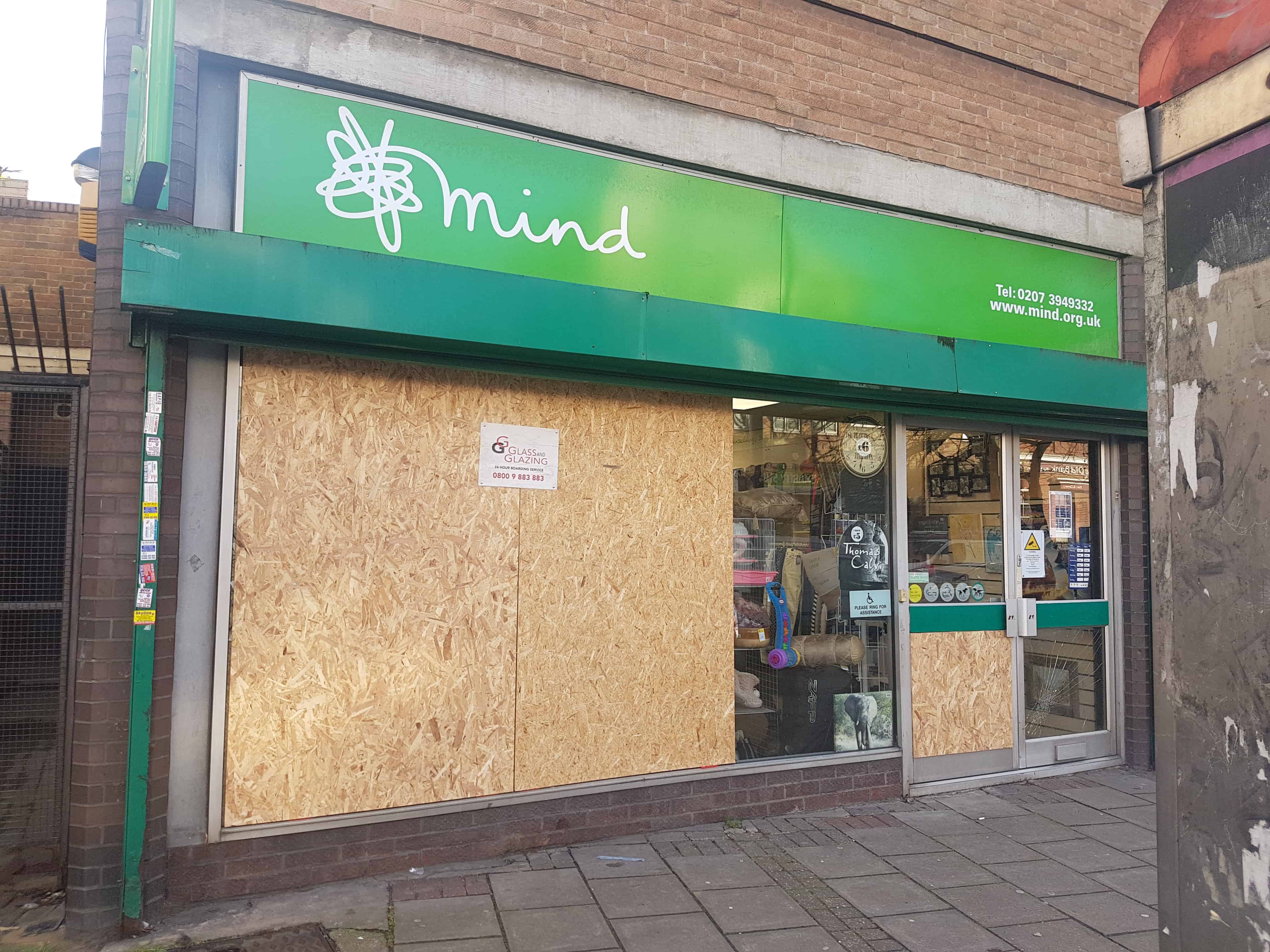 The Southwark Park Road branch of Mind pictured with its smashed windows
