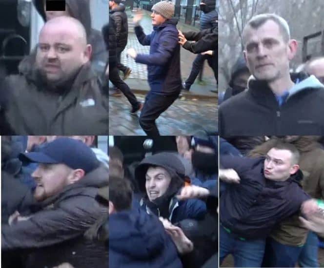 Some of the men police are seeking in connection with the disorder, believed to be Everton fans