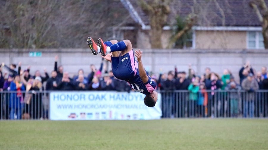 Decarrey Sheriff was head-over-heels with his goal. Image: Duncan Palmer Photography