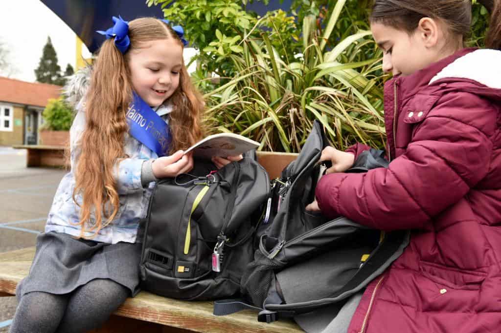 The backpack as seen with children from a Greenwich school where they officially unveiled on Tuesday (Image: GLA)