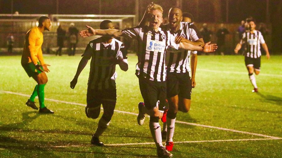Fisher's Pat Geddis celebrates his goal. Image: Dave Anderson