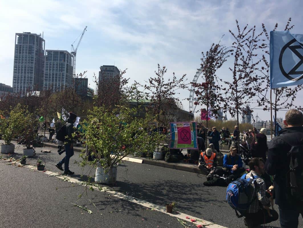 The scene from Waterloo Bridge while it was being blockaded by protesters in April