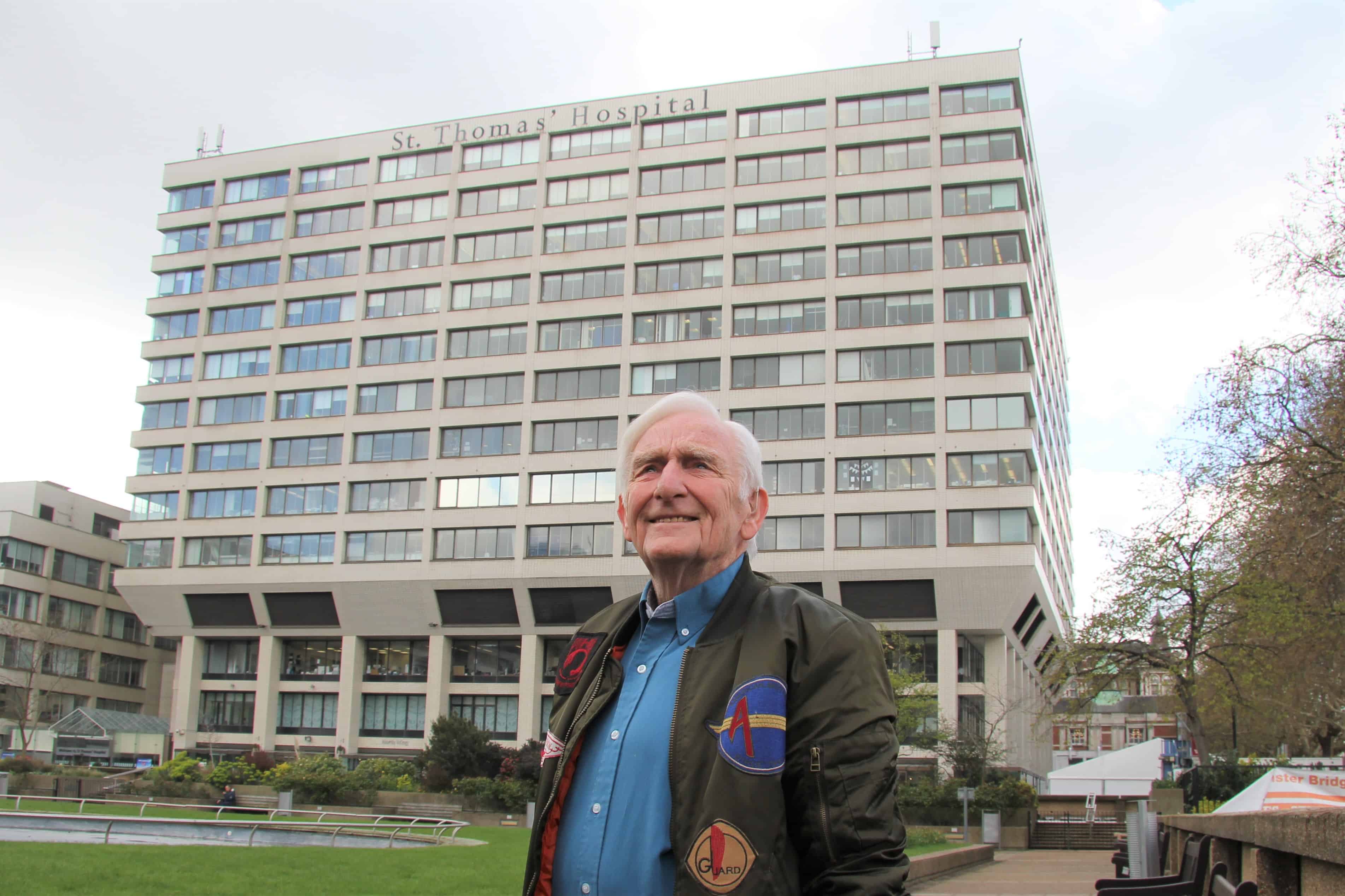89-year-old Frank pictured outside of St Thomas' Hospital