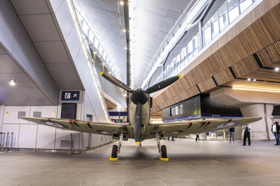 Spitfire on display on the concourse of London Bridge Station, London to commemorate the 75th anniversary of D-Day.
Photographed 31st May 2019.