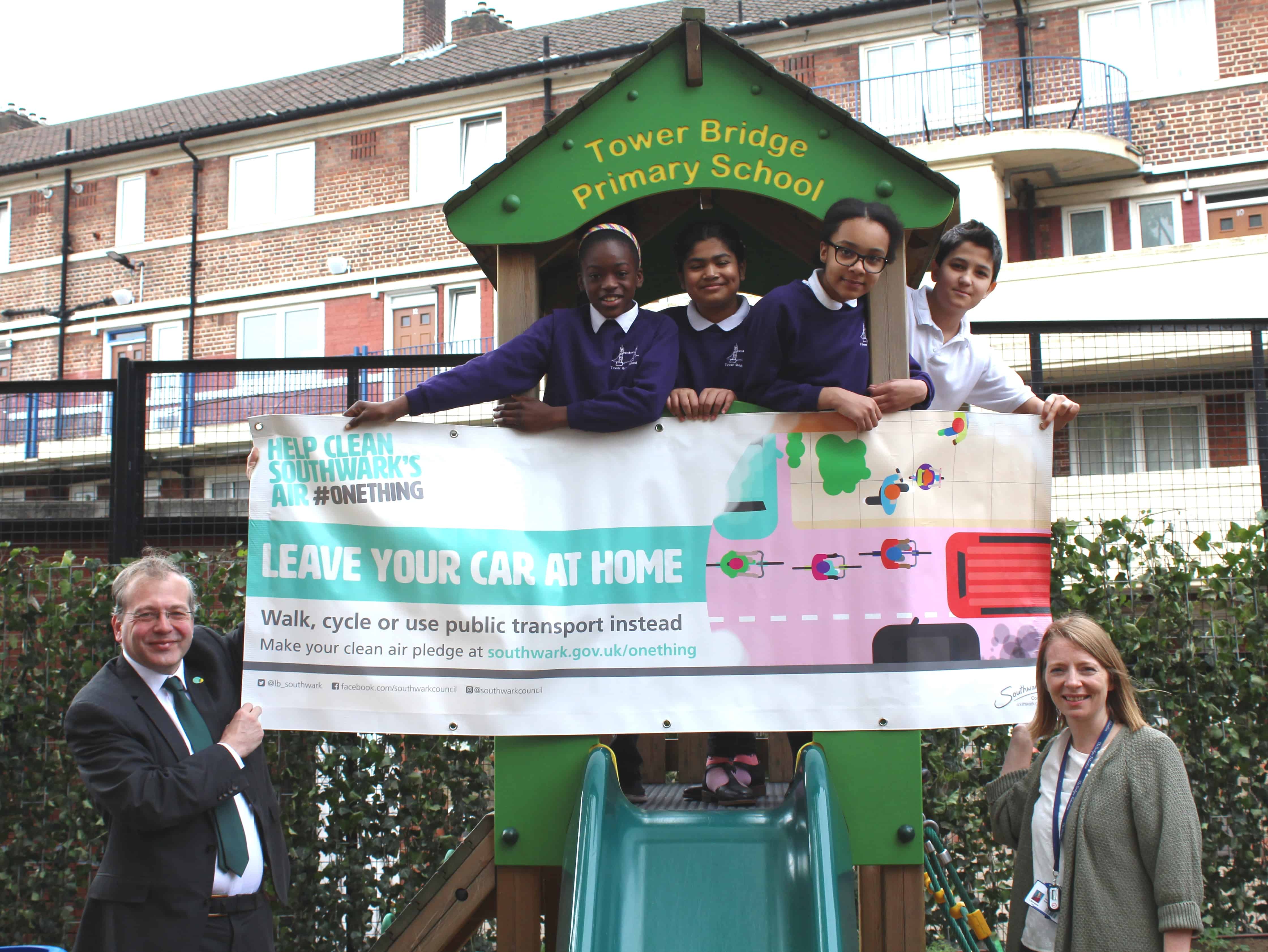Tower Bridge Primary deputy head Laura Neuveglise, Cllr Richard Livingstone and pupils at the clean air campaign launch