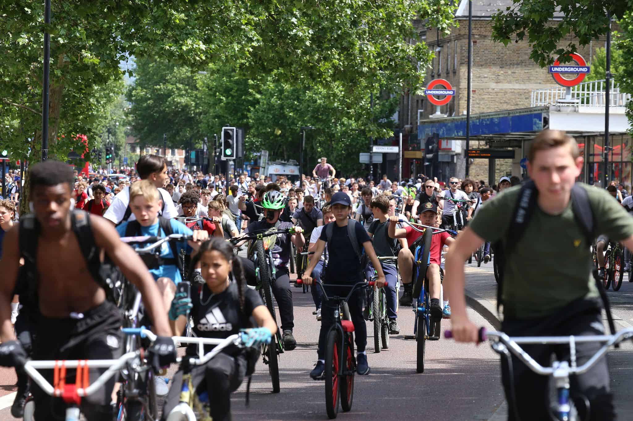 Some of the youngsters on the bike ride pictured along Bermondsey's Jamaica Road (Image: Bryan Jones)