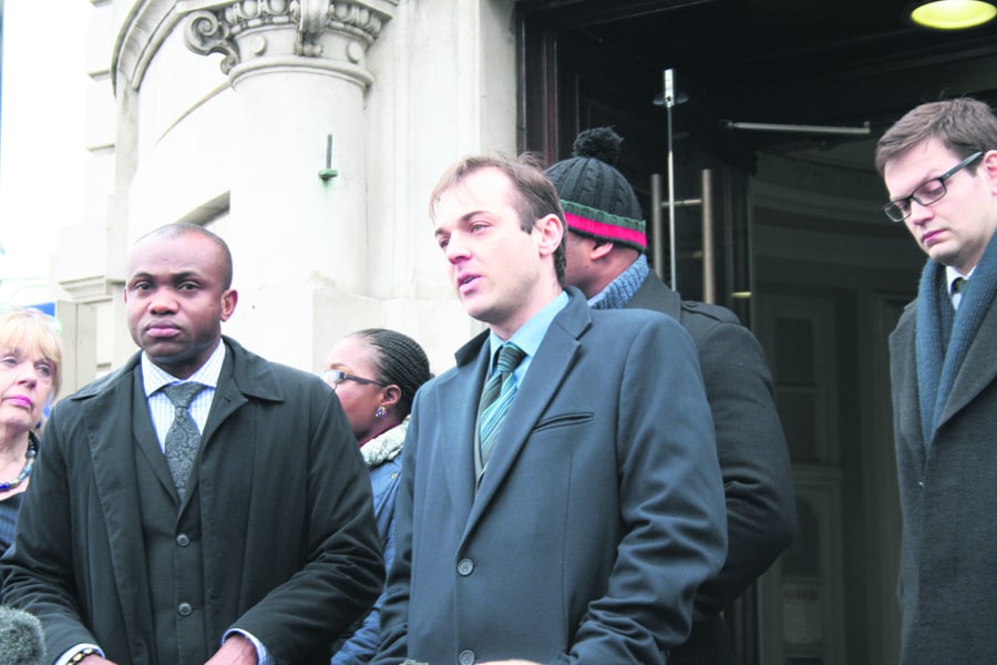 United in grief... Mbet Udoaka, husband of Helen and father of Michelle, and Rafael Cervi, husband of Dayana, and father of Thais and Felipe, outside the inquest