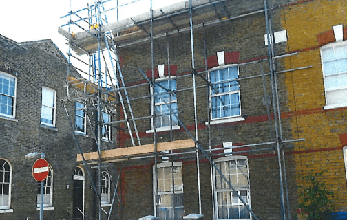 An image of the scaffolding erected on the house