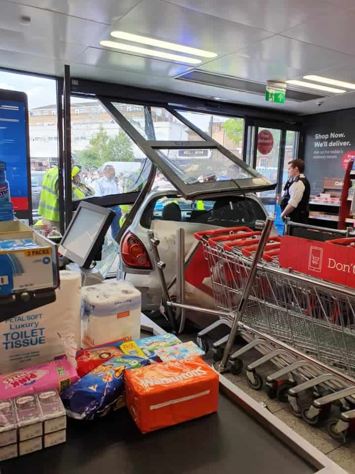 The Nissan smashed through the front door of the supermarket shortly before 4pm and appeared to be driven by a learner - but police are not looking into the matter any further said Scotland Yard