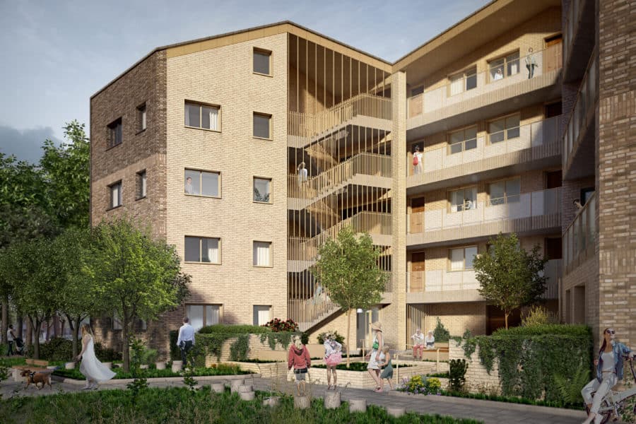 A CGI image of the block and courtyard